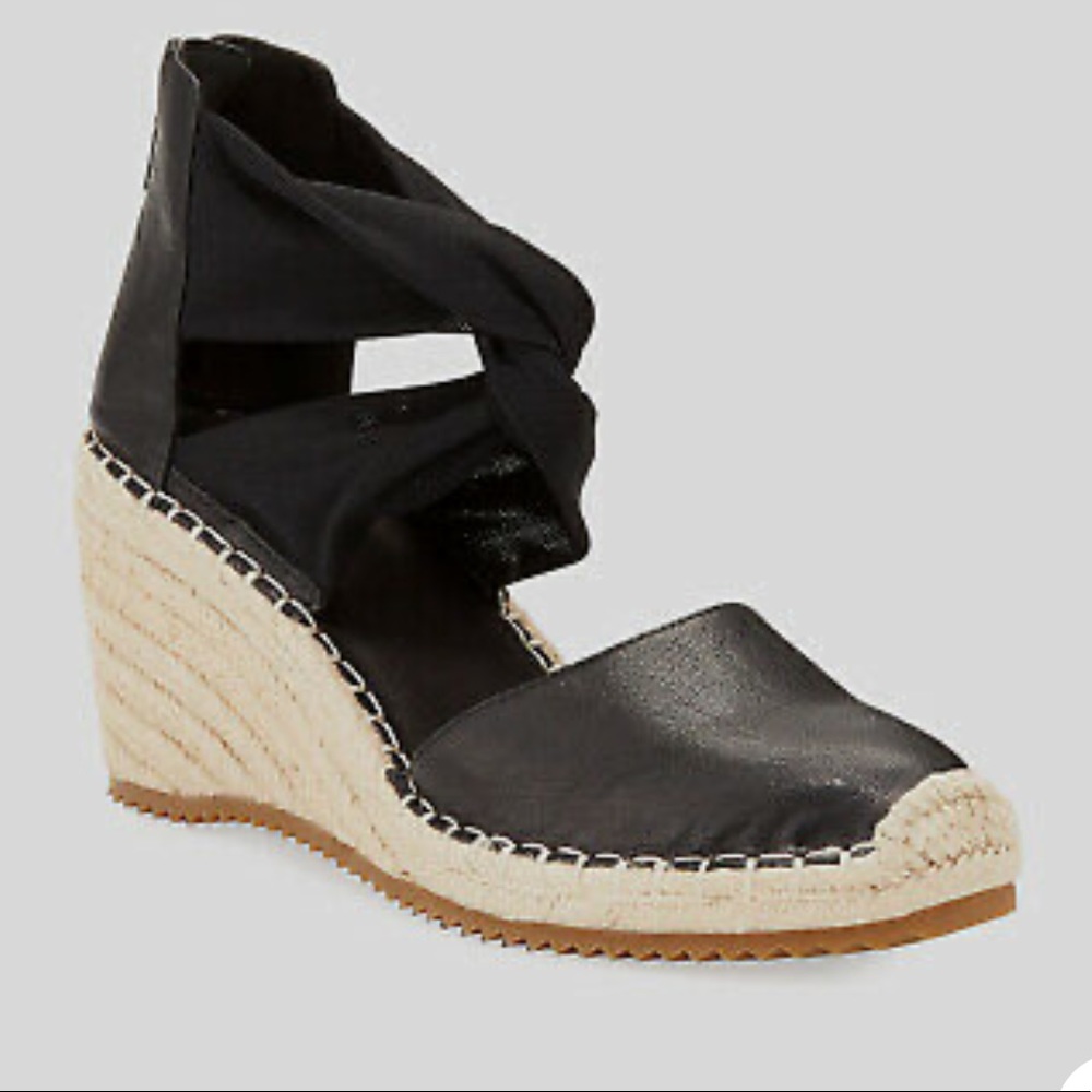 Eileen Fisher Black Wallis Leather Wedge Espadrille Sandals Ankle Strap Size 6.5 - Picture 2 of 12